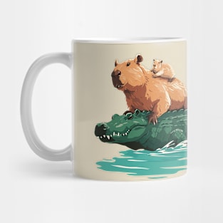 capybaras ride a crocodile Mug